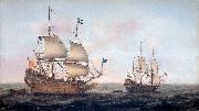 Jacob Gerritz. Loeff, Monogrammist JGL French man-of-war escorted by a Dutch ship in quiet water oil on canvas